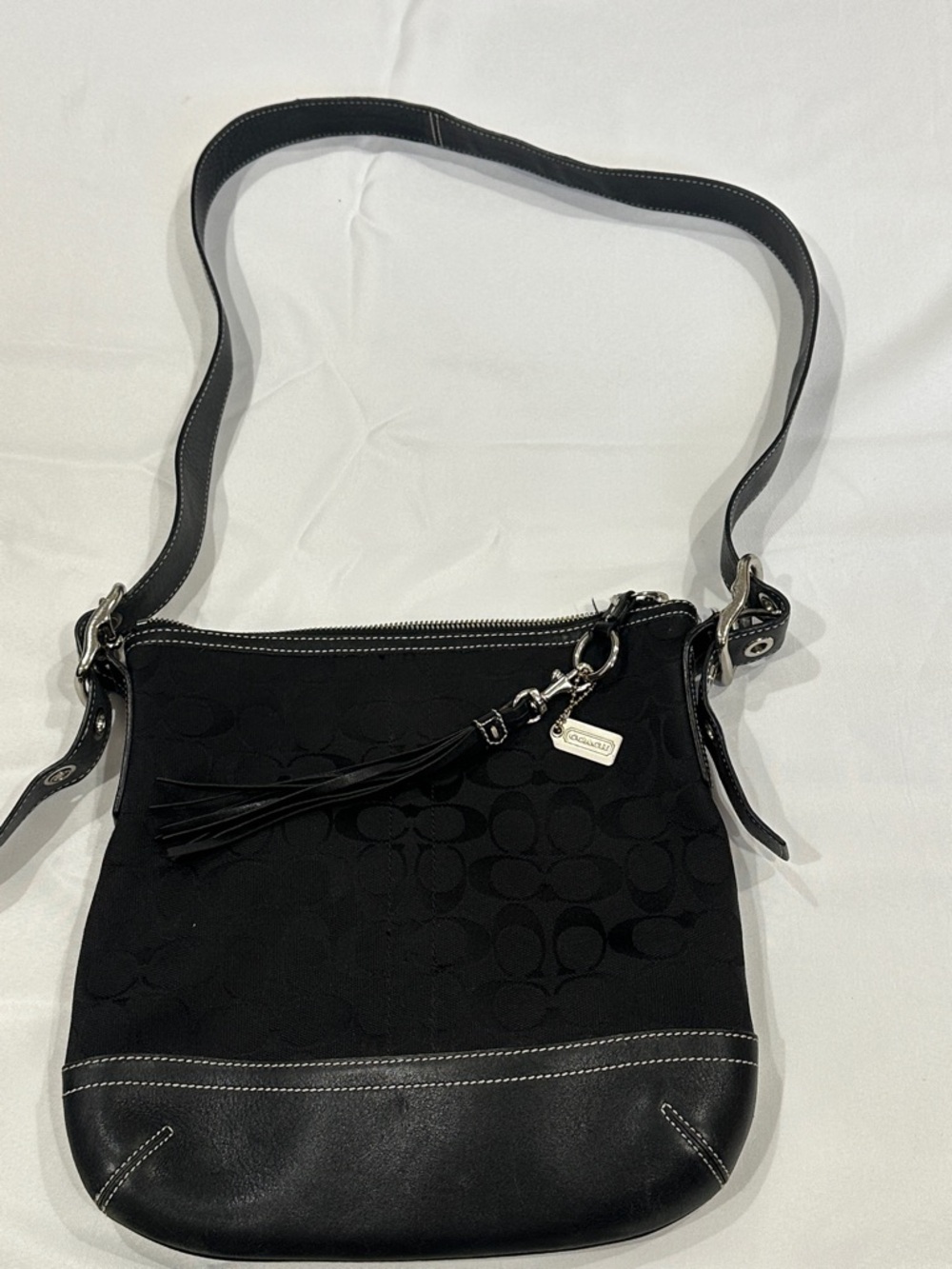 Coach Black Signature Crossbody with Leather Trim and Tassel Charm